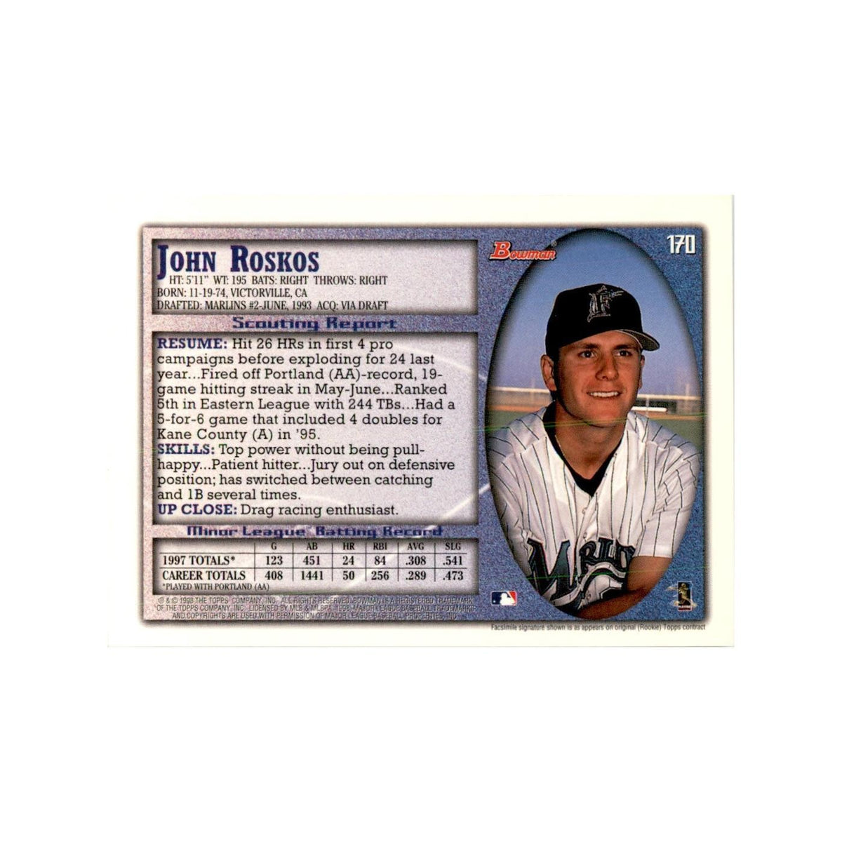 1998 Bowman John Roskos Baseball Cards #170
