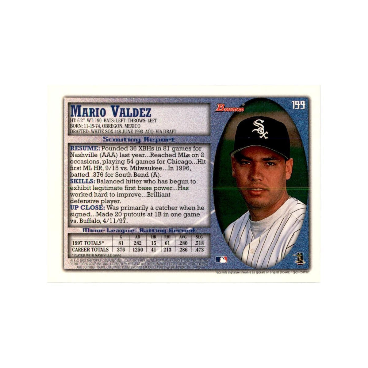 1998 Bowman Mario Valdez Baseball Cards #199