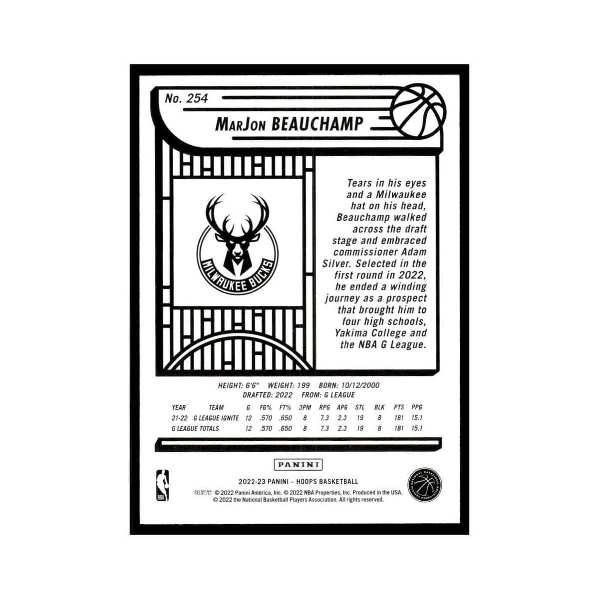 MarJon Beauchamp Rookie 2022 NBA Hoops #254 Milwaukee Bucks Basketball Card NM