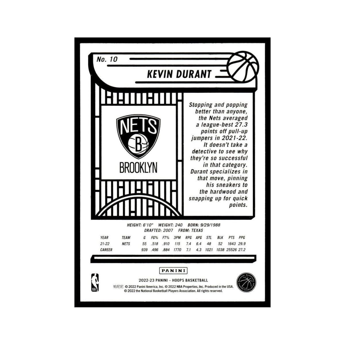 Kevin Durant 2022 NBA Hoops #10 Brooklyn Nets Basketball Card NM
