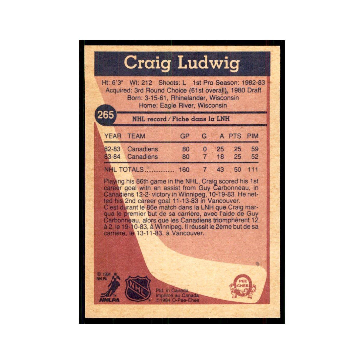 1984 O-Pee-Chee Craig Ludwig Montreal Canadiens #265