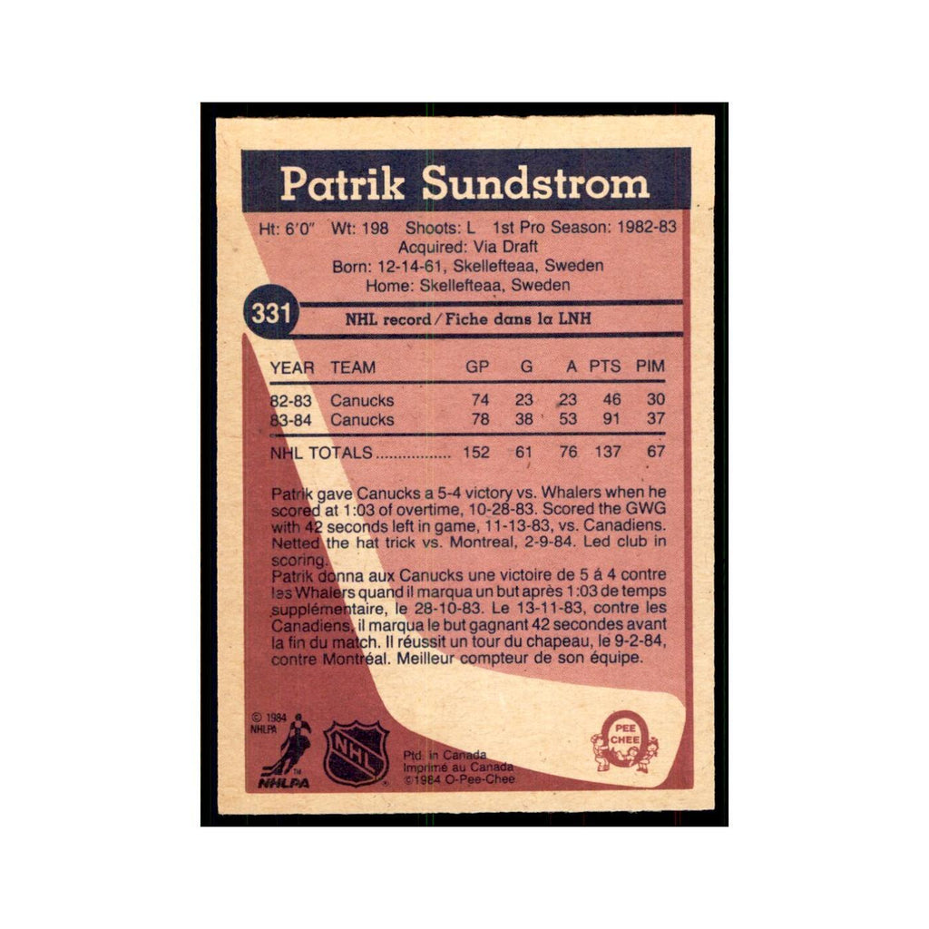 1984 O-Pee-Chee Patrik Sundstrom Vancouver Canucks #331