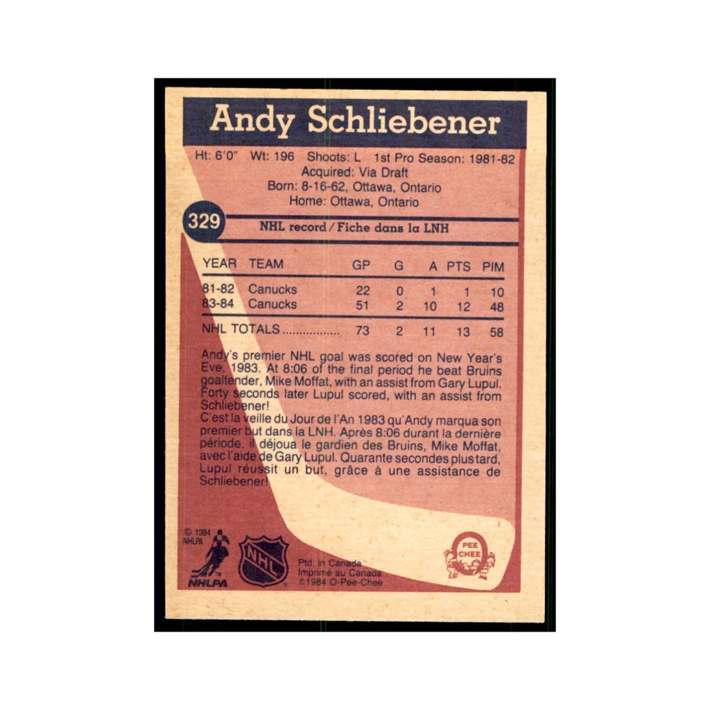 1984 O-Pee-Chee Andy Schliebener RC Vancouver Canucks #329