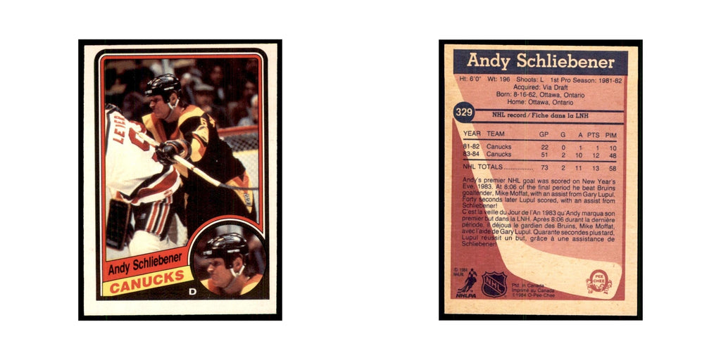 1984 O-Pee-Chee Andy Schliebener RC Vancouver Canucks #329