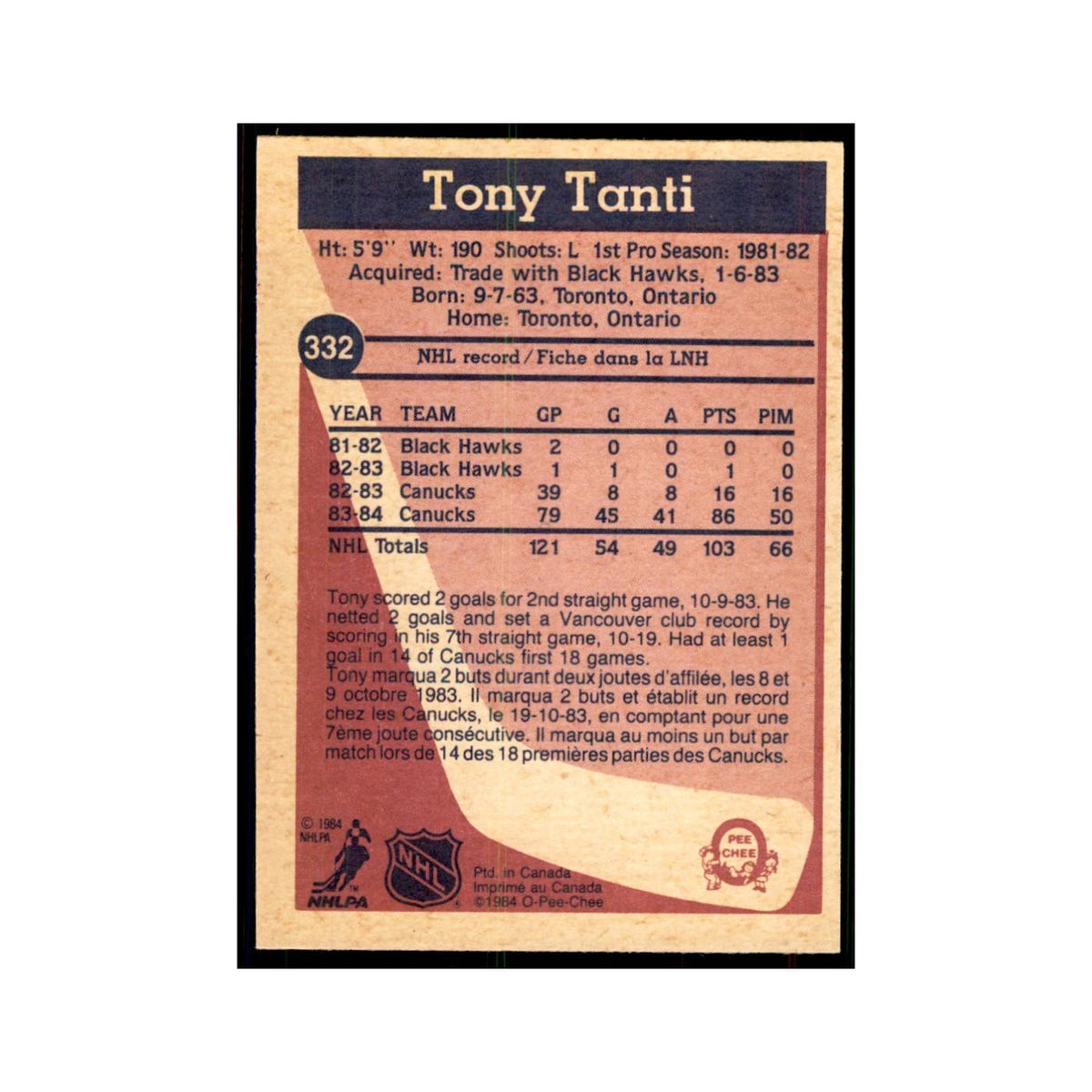 1984 O-Pee-Chee Tony Tanti Vancouver Canucks #332