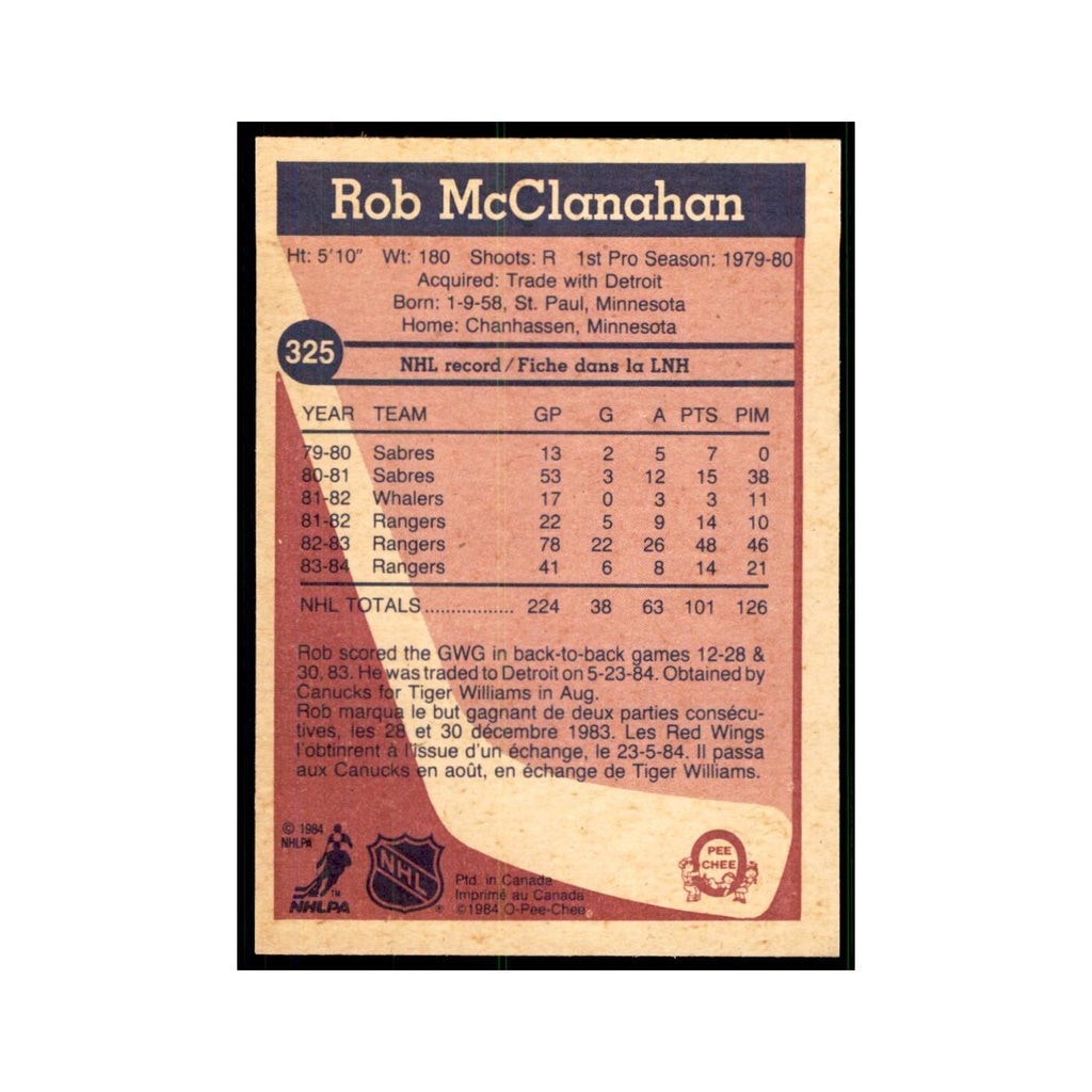 1984 O-Pee-Chee Rob McClanahan Vancouver Canucks #325