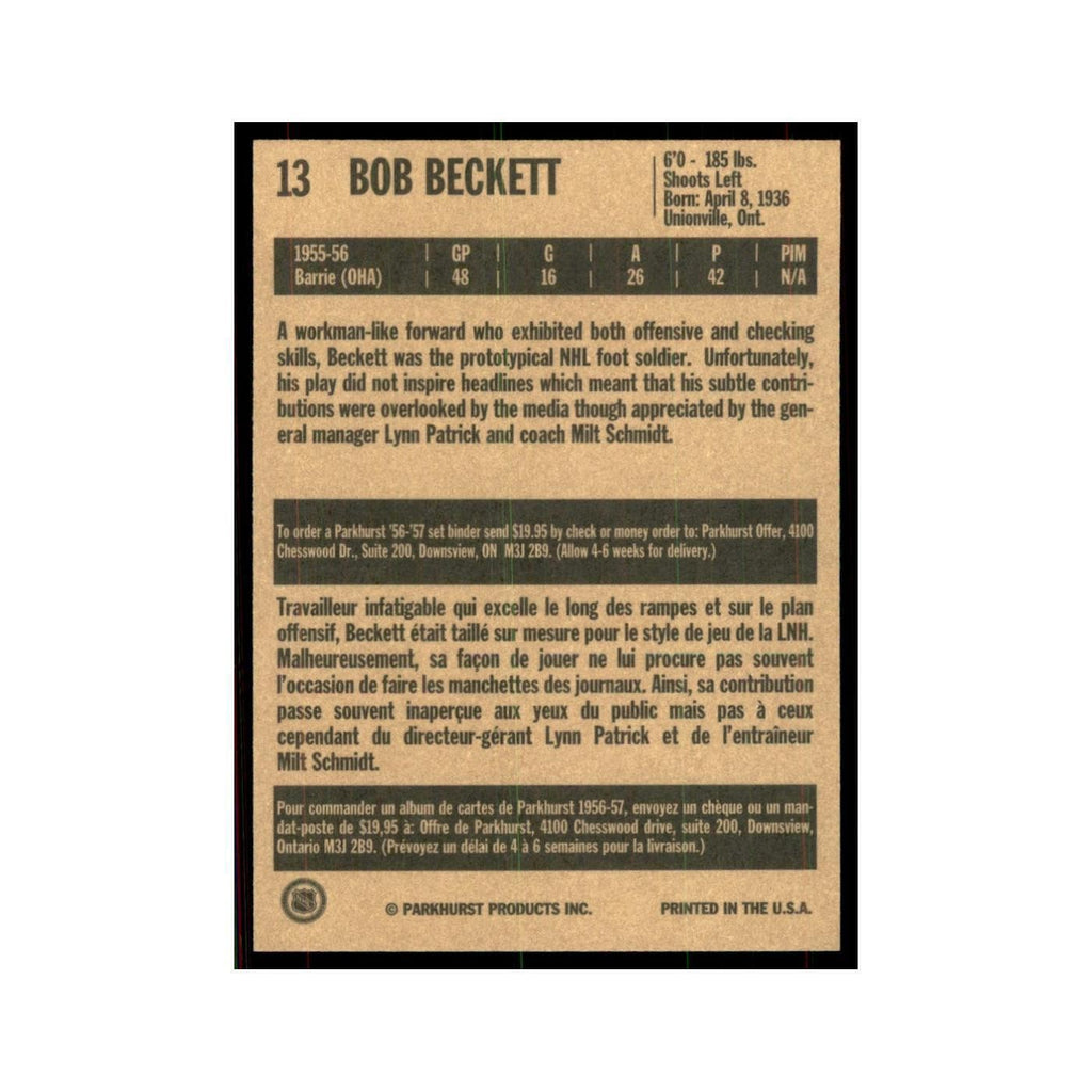 1994 Parkhurst Missing Link 1956-57 Bob Beckett RC Boston Bruins #13