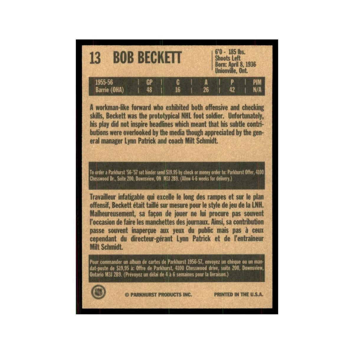 1994 Parkhurst Missing Link 1956-57 Bob Beckett RC Boston Bruins #13