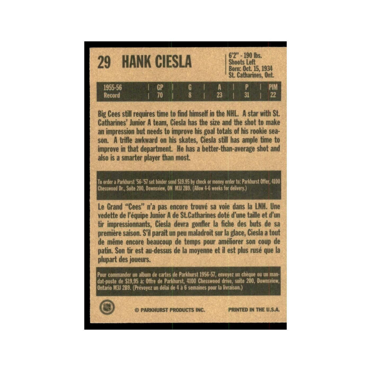 1994 Parkhurst Missing Link 1956-57 Hank Ciesla Chicago Blackhawks #29