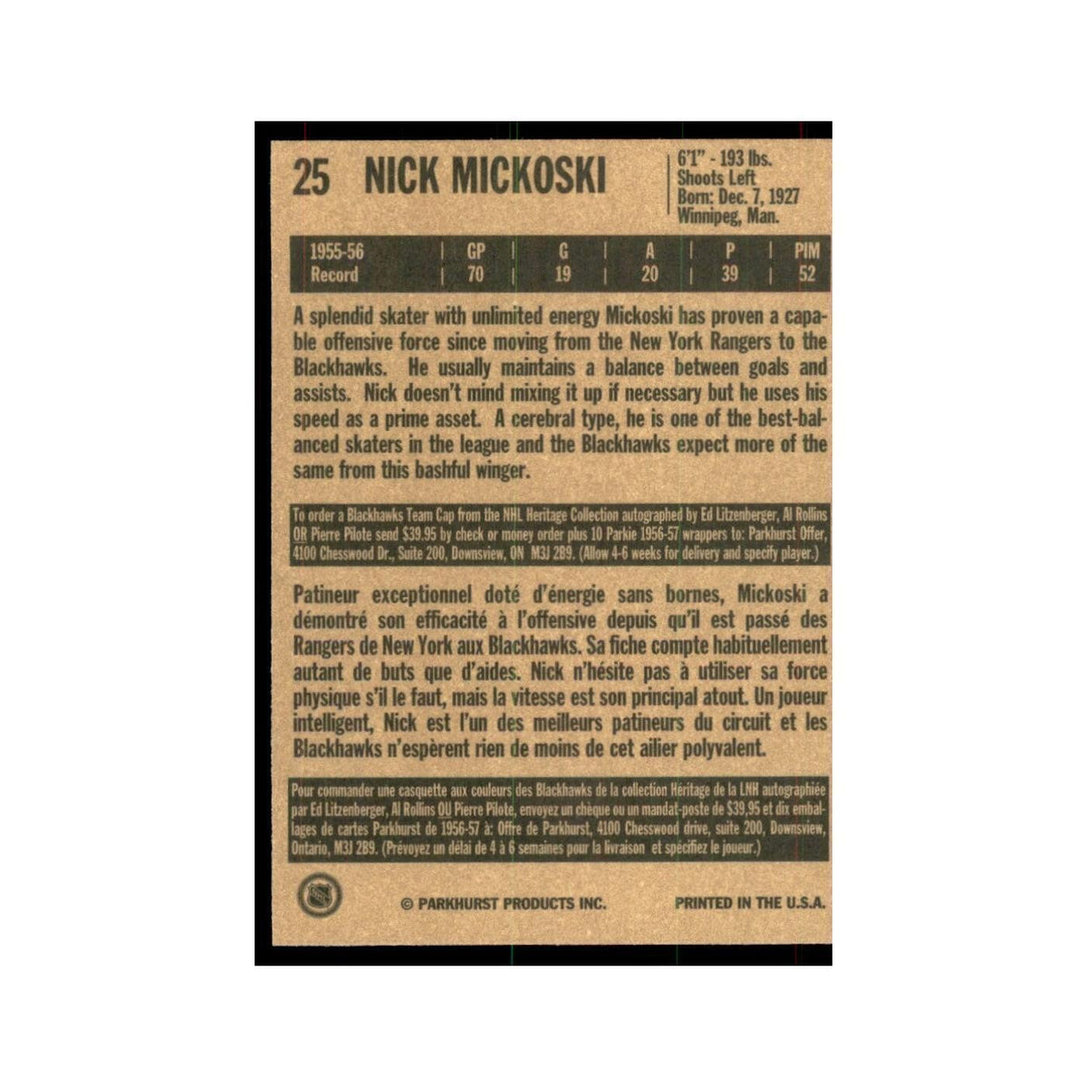 1994 Parkhurst Missing Link 1956-57 Nick Mickoski Chicago Blackhawks #25
