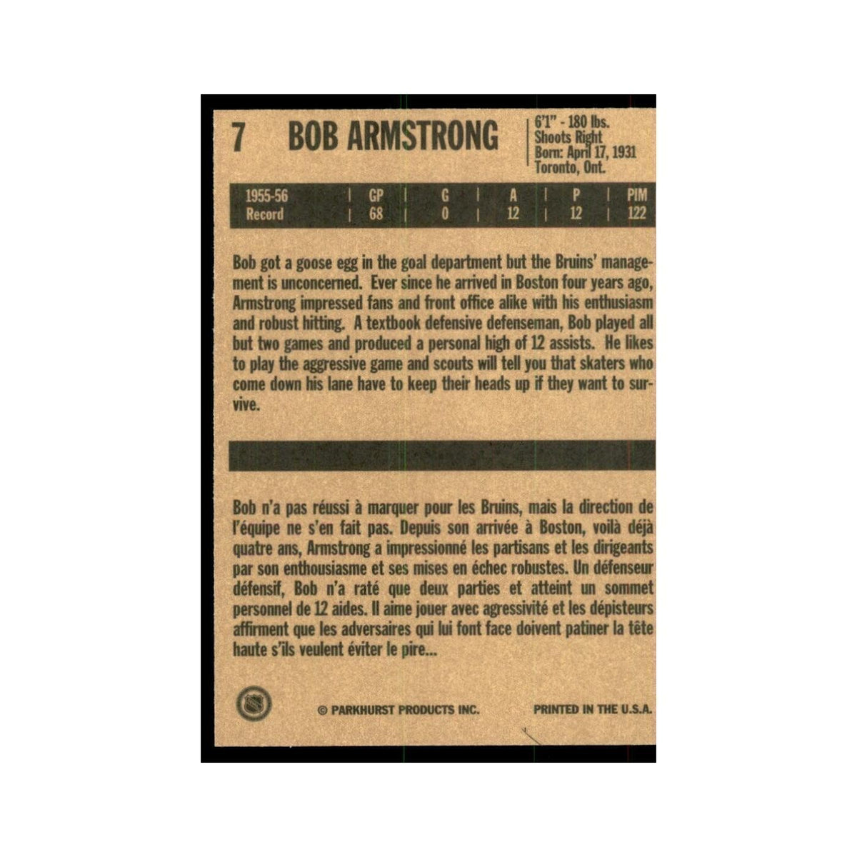 1994 Parkhurst Missing Link 1956-57 Bob Armstrong Boston Bruins #7