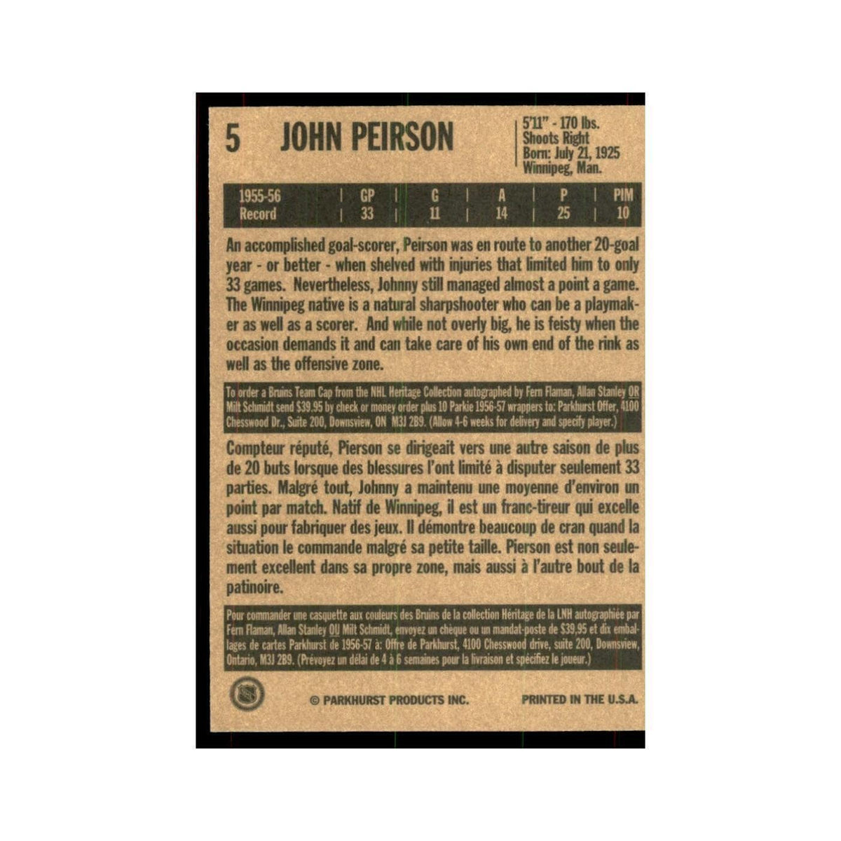 1994 Parkhurst Missing Link 1956-57 Johnny Peirson Boston Bruins #5