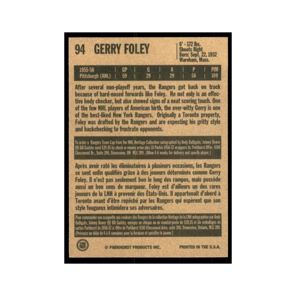 1994 Parkhurst Missing Link 1956-57 Gerry Foley New York Rangers #94