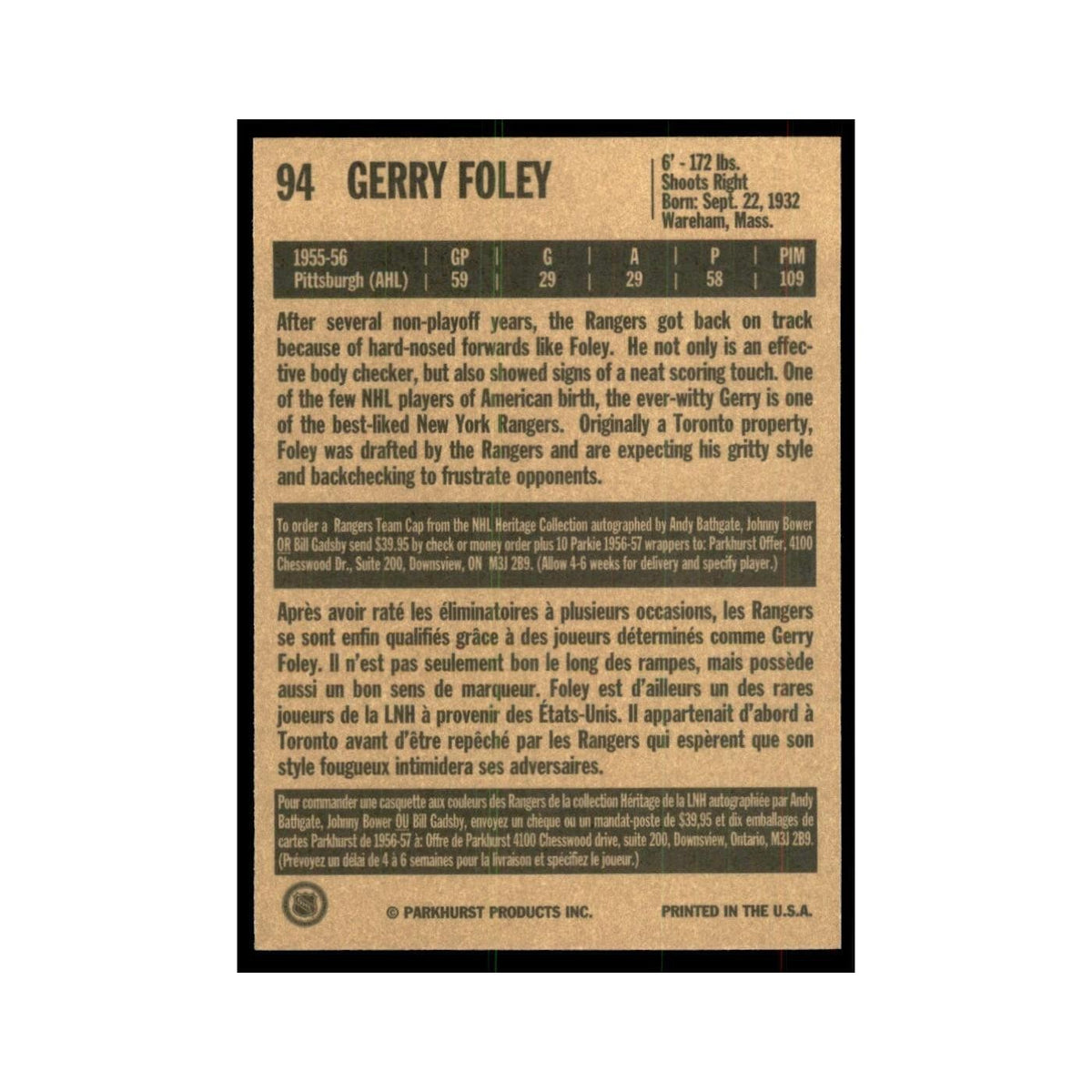 1994 Parkhurst Missing Link 1956-57 Gerry Foley New York Rangers #94