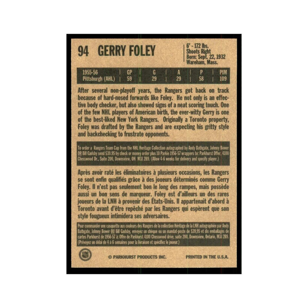 1994 Parkhurst Missing Link 1956-57 Gerry Foley New York Rangers #94