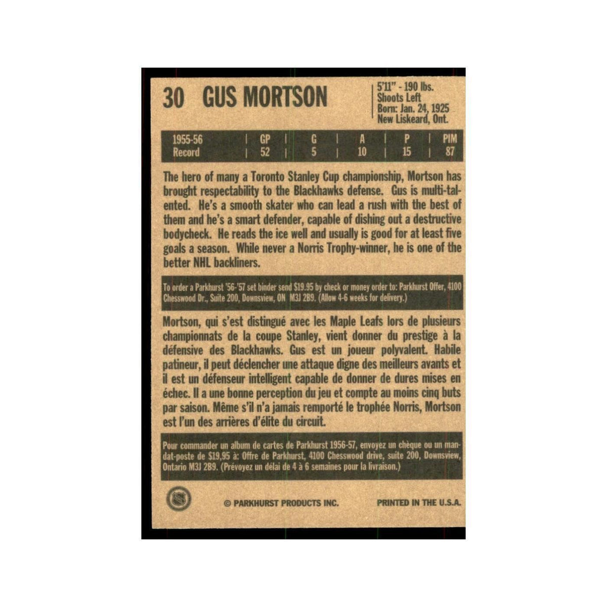 1994 Parkhurst Missing Link 1956-57 Gus Mortson Chicago Blackhawks #30