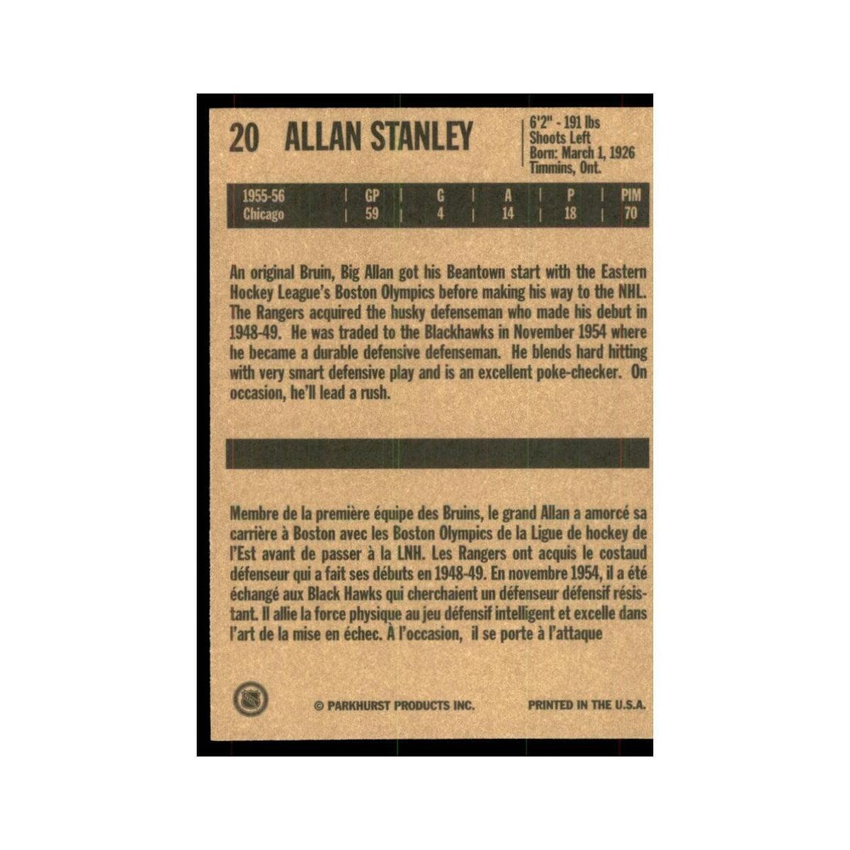 1994 Parkhurst Missing Link 1956-57 Allan Stanley RC Boston Bruins #20