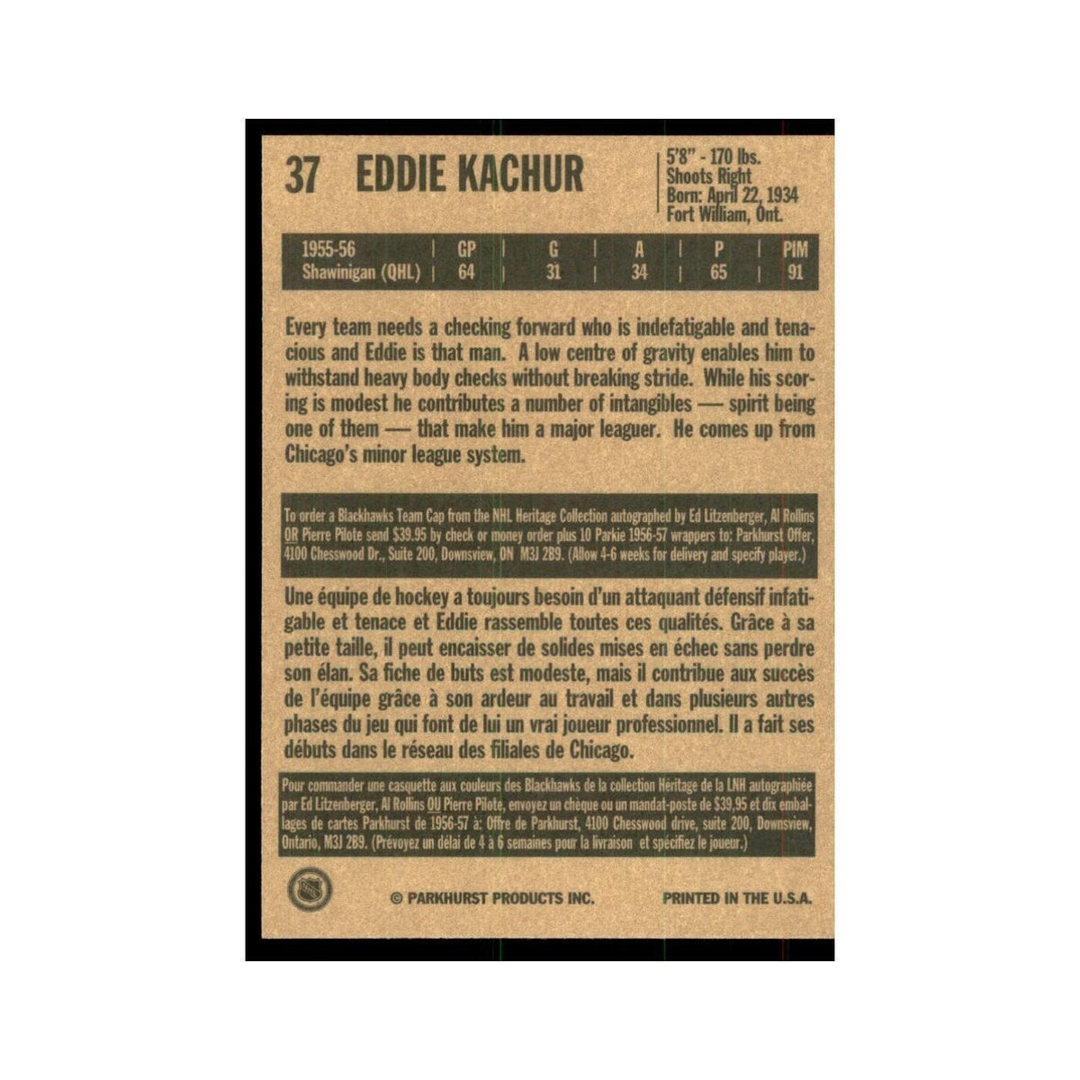 1994 Parkhurst Missing Link 1956-57 Eddie Kachur RC Chicago Blackhawks #37