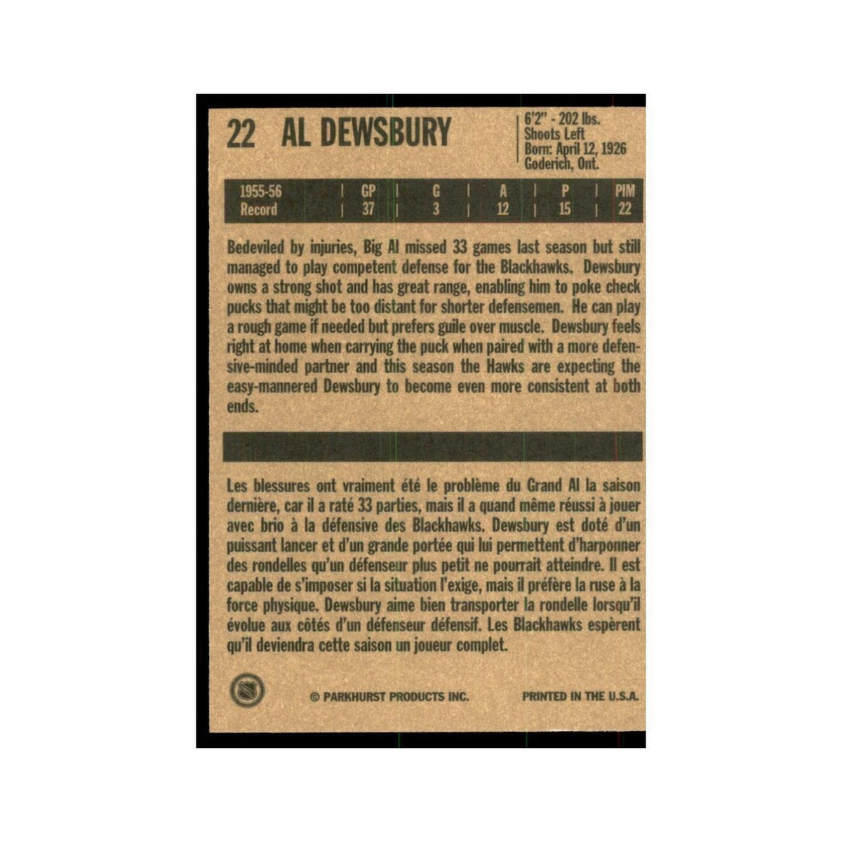 1994 Parkhurst Missing Link 1956-57 Al Dewsbury Chicago Blackhawks #22
