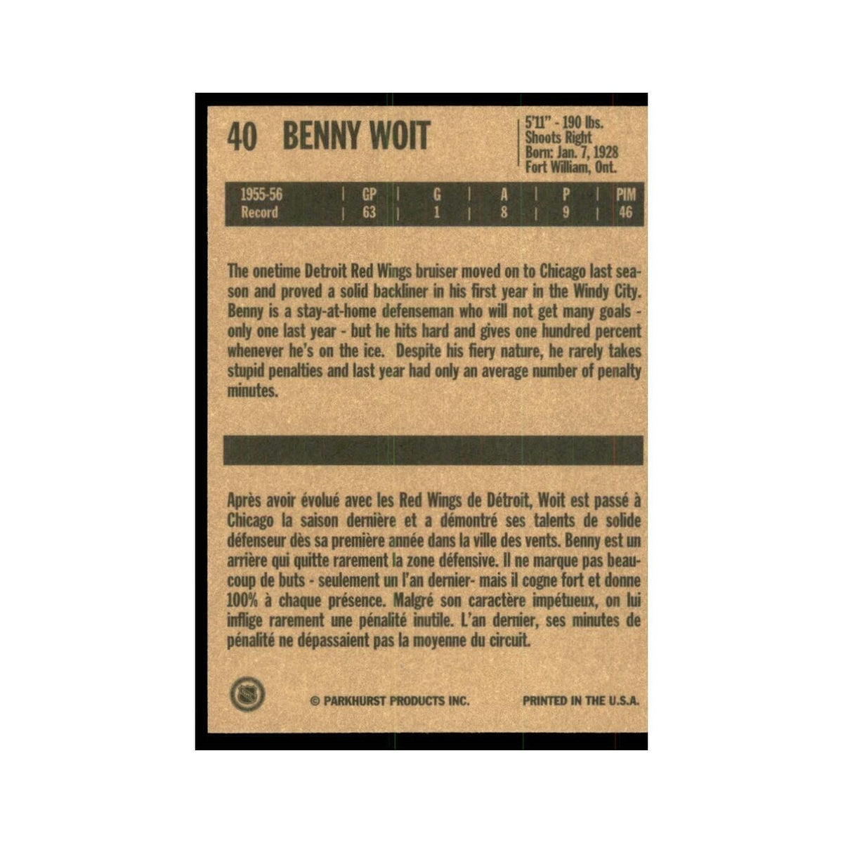 1994 Parkhurst Missing Link 1956-57 Benny Woit Chicago Blackhawks #40