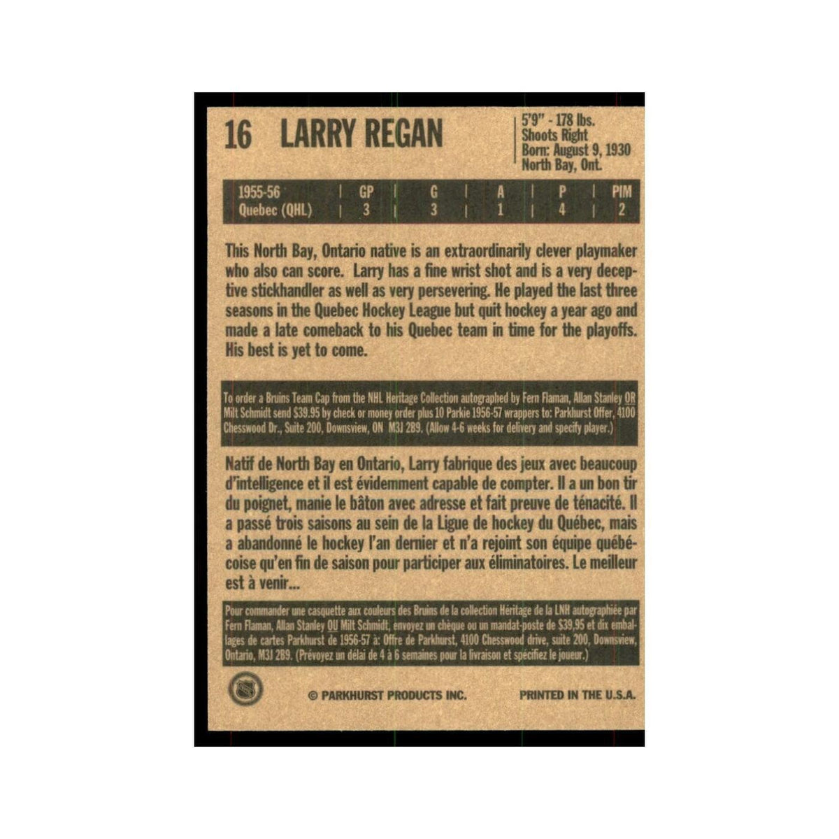 1994 Parkhurst Missing Link 1956-57 Larry Regan Boston Bruins #16
