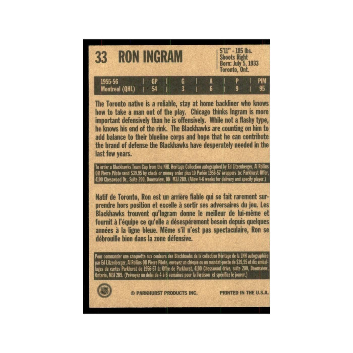 1994 Parkhurst Missing Link 1956-57 Ron Ingram Chicago Blackhawks #33