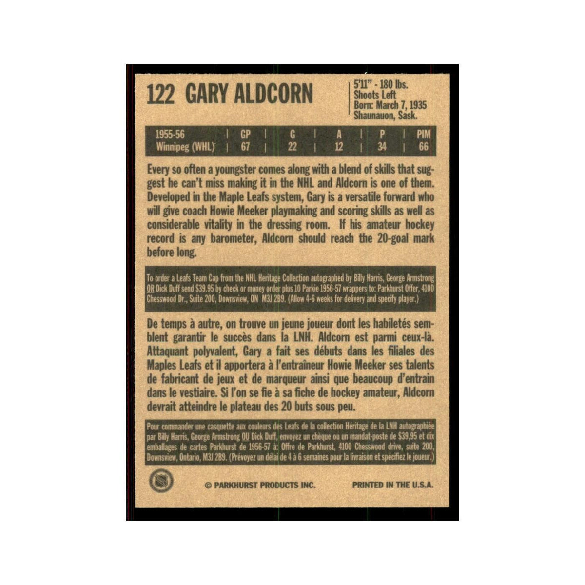 1994 Parkhurst Missing Link 1956-57 Gary Aldcorn Toronto Maple Leafs #122