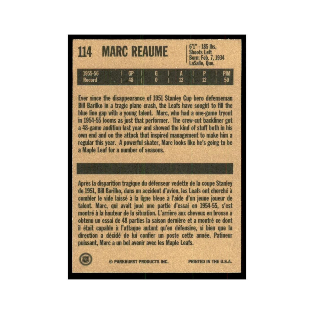 1994 Parkhurst Missing Link 1956-57 Marc Reaume RC Toronto Maple Leafs #114
