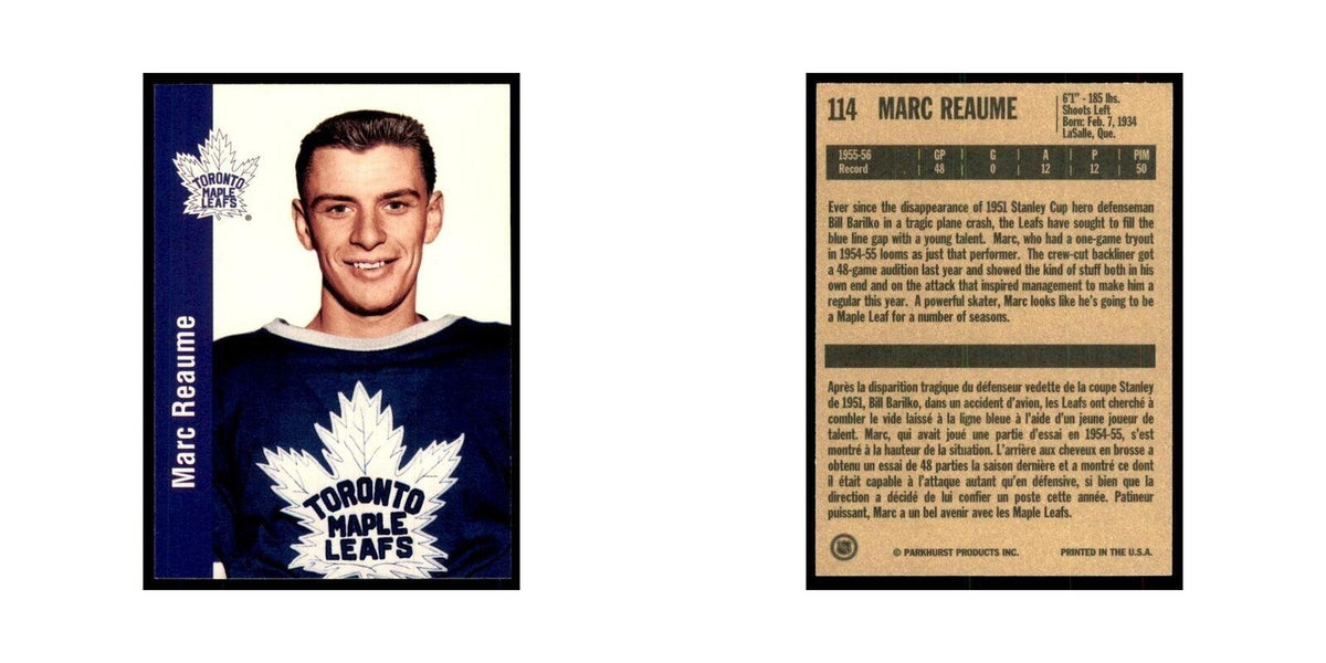 1994 Parkhurst Missing Link 1956-57 Marc Reaume RC Toronto Maple Leafs #114