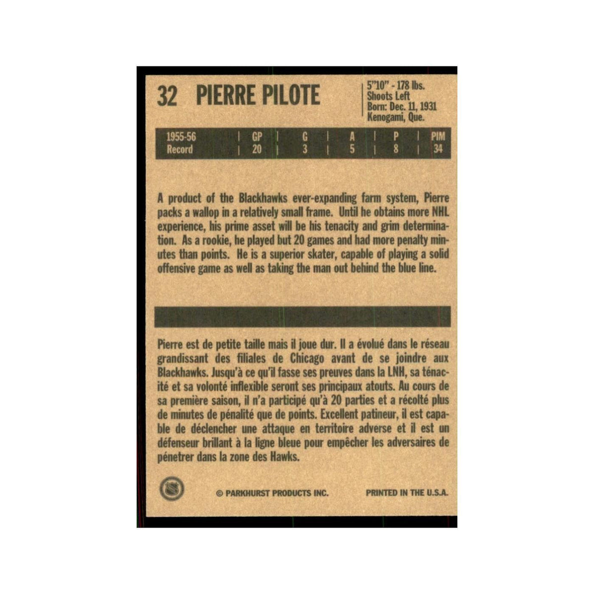 1994 Parkhurst Missing Link 1956-57 Pierre Pilote Chicago Blackhawks #32