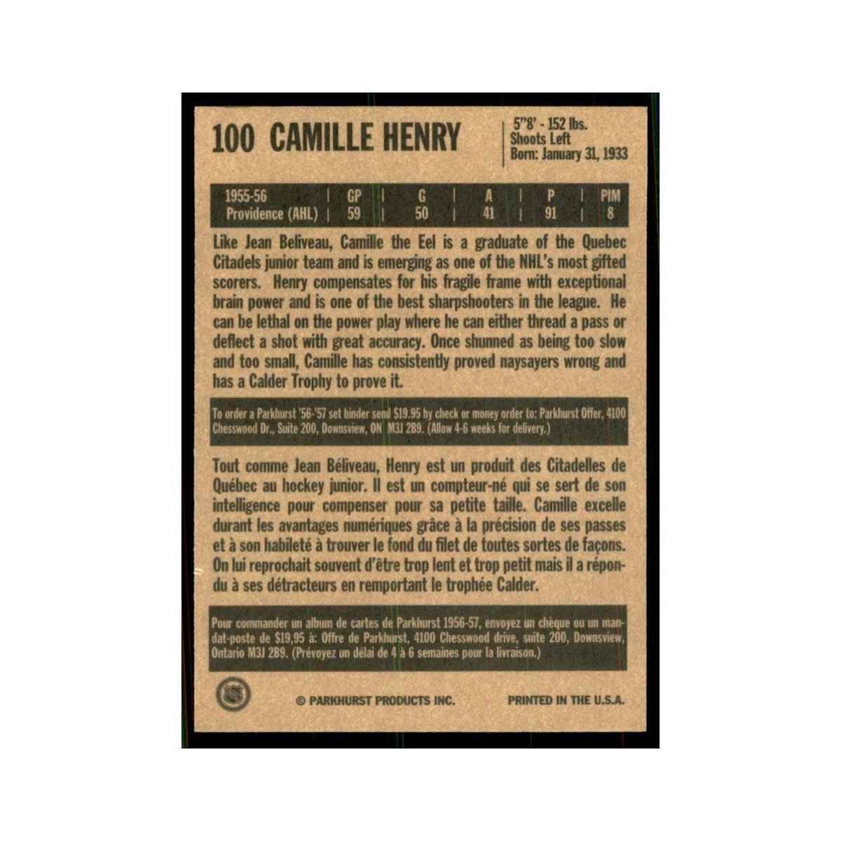 1994 Parkhurst Missing Link 1956-57 Camille Henry New York Rangers #100