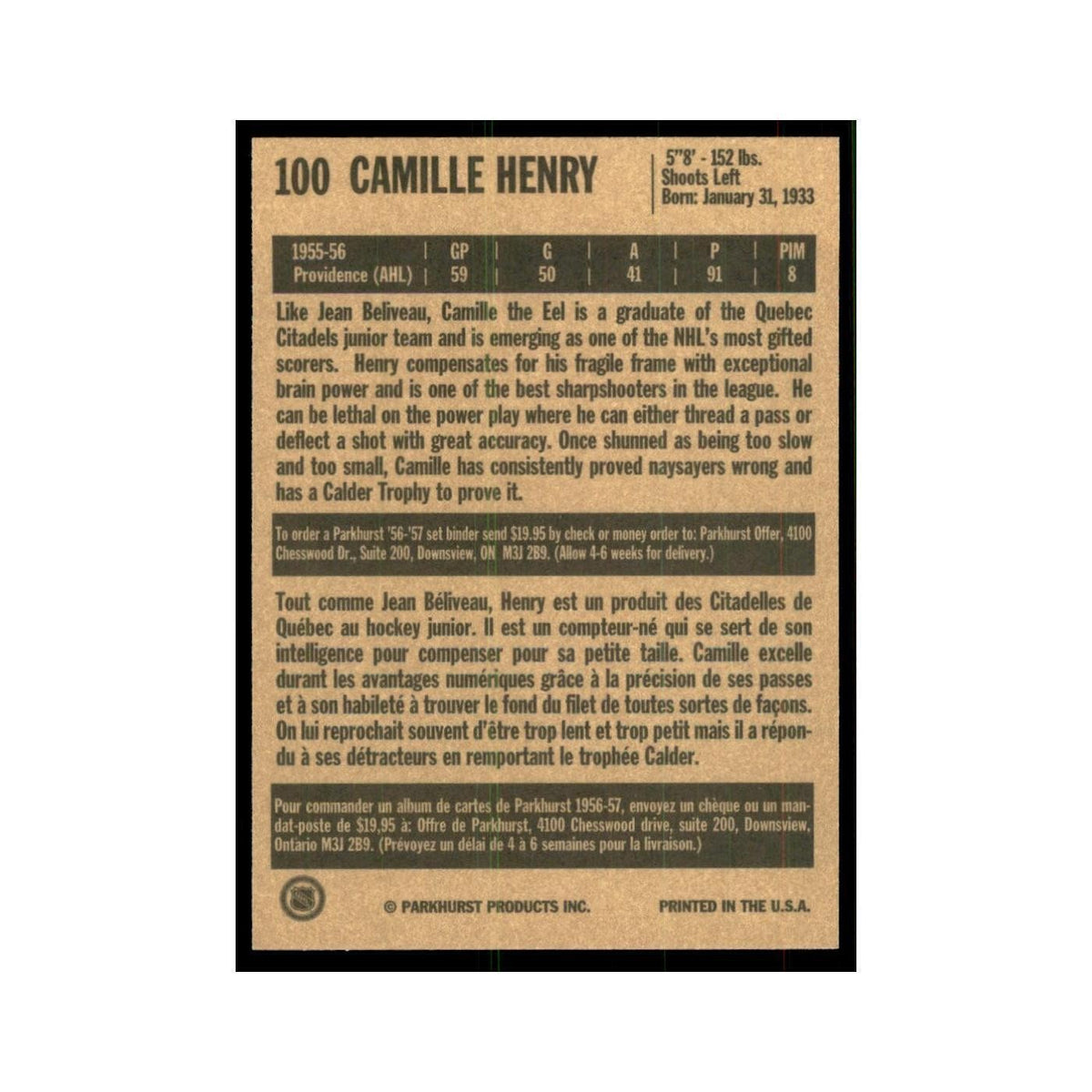 1994 Parkhurst Missing Link 1956-57 Camille Henry New York Rangers #100
