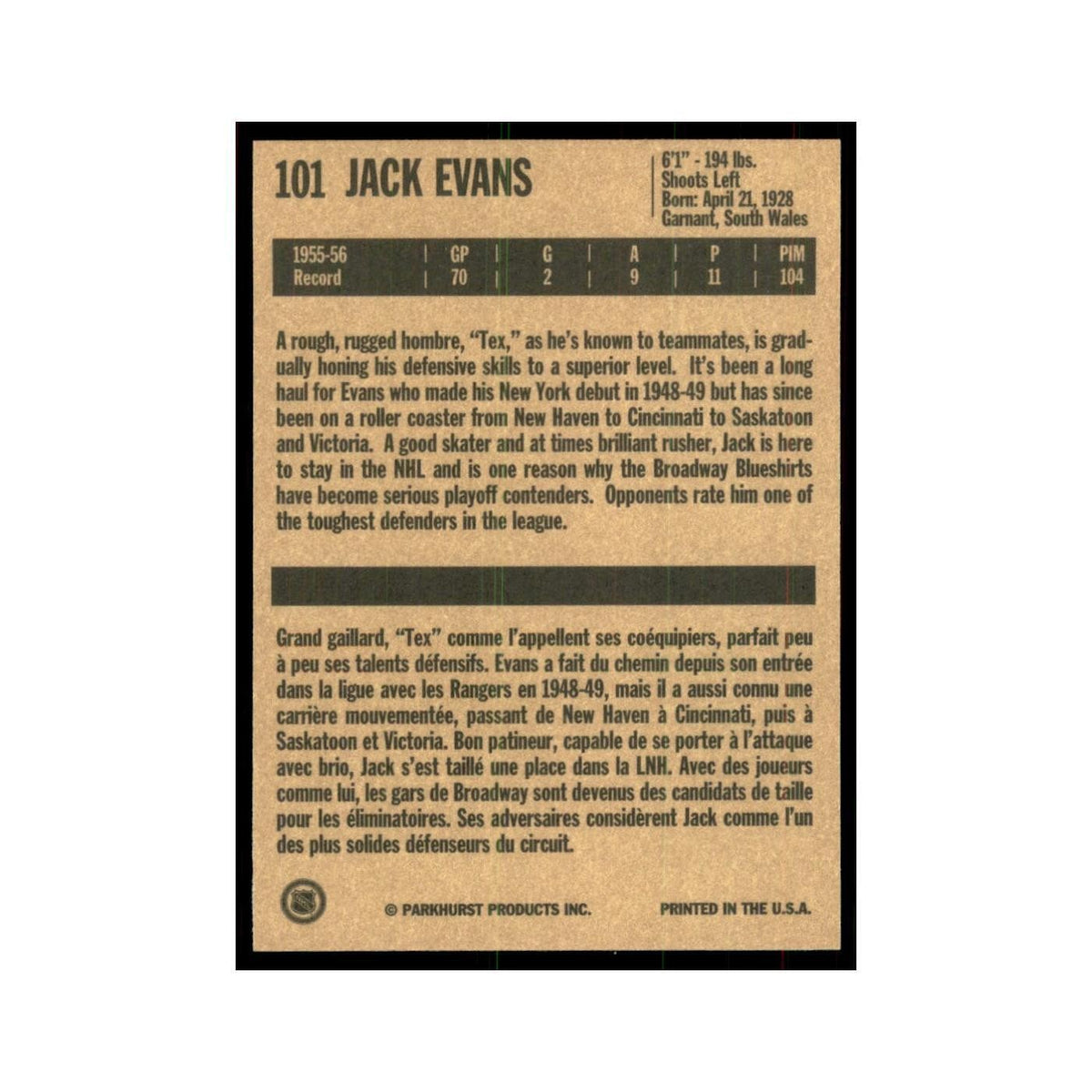 1994 Parkhurst Missing Link 1956-57 Jack Evans New York Rangers #101