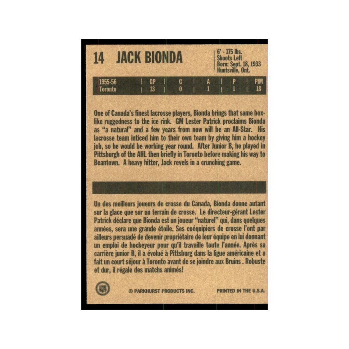 1994 Parkhurst Missing Link 1956-57 Jack Bionda Boston Bruins #14