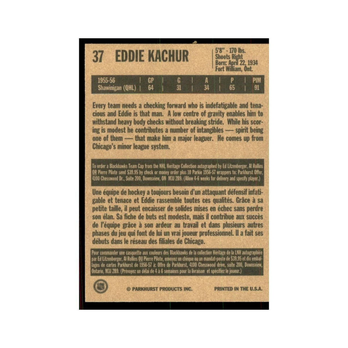 1994 Parkhurst Missing Link 1956-57 Eddie Kachur RC Chicago Blackhawks #37
