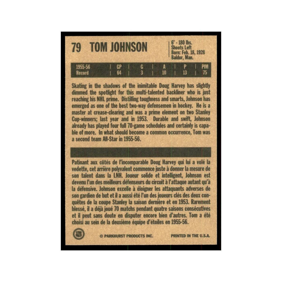 1994 Parkhurst Missing Link 1956-57 Tom Johnson Montreal Canadiens #79