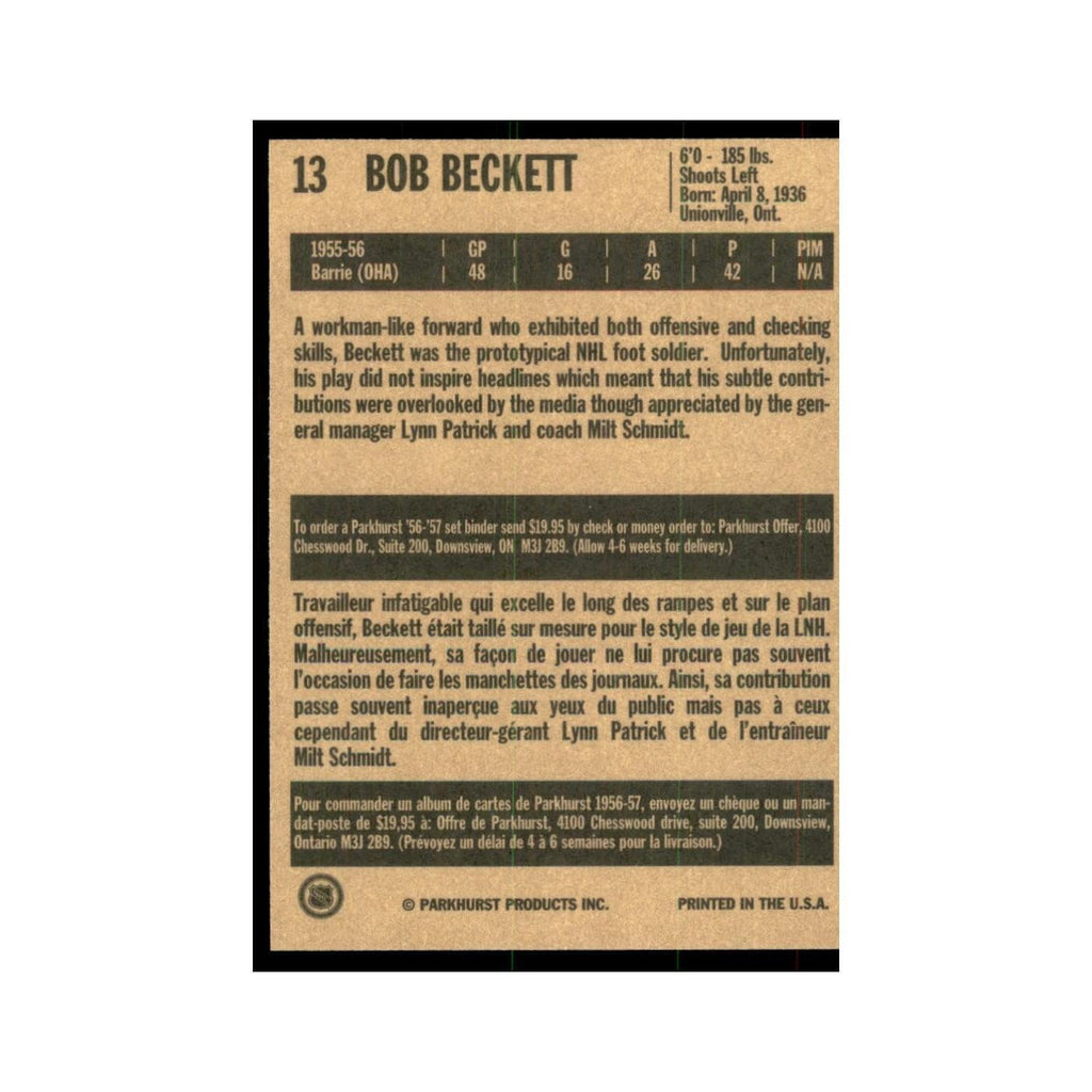 1994 Parkhurst Missing Link 1956-57 Bob Beckett RC Boston Bruins #13