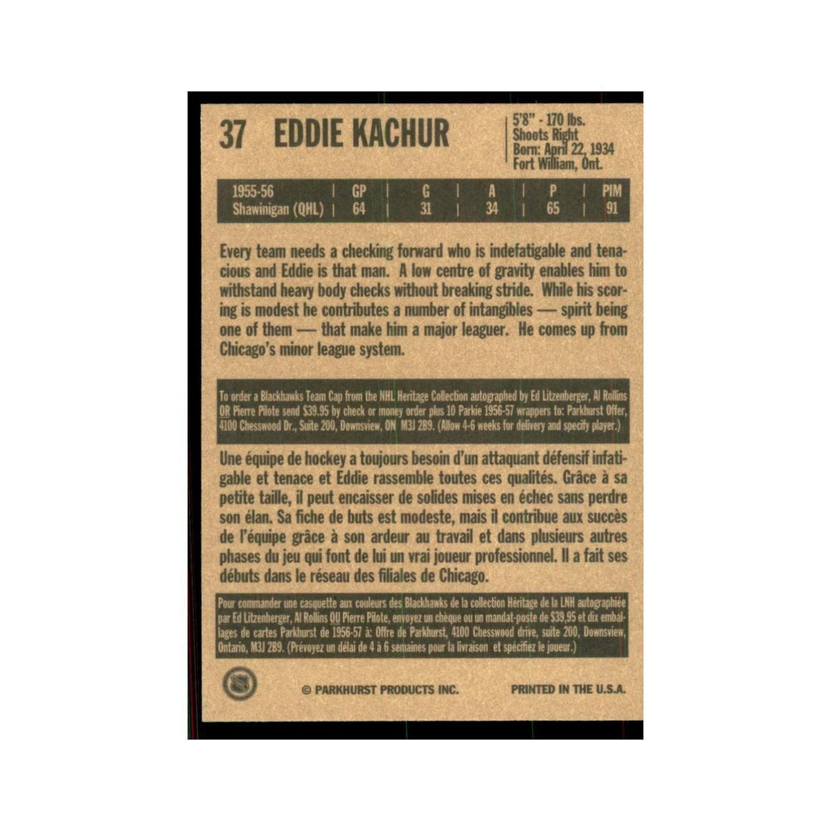 1994 Parkhurst Missing Link 1956-57 Eddie Kachur RC Chicago Blackhawks #37