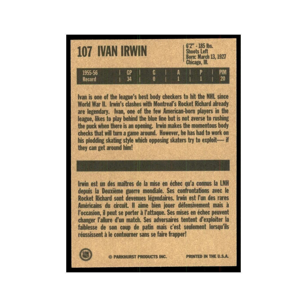 1994 Parkhurst Missing Link 1956-57 Ivan Irwin New York Rangers #107
