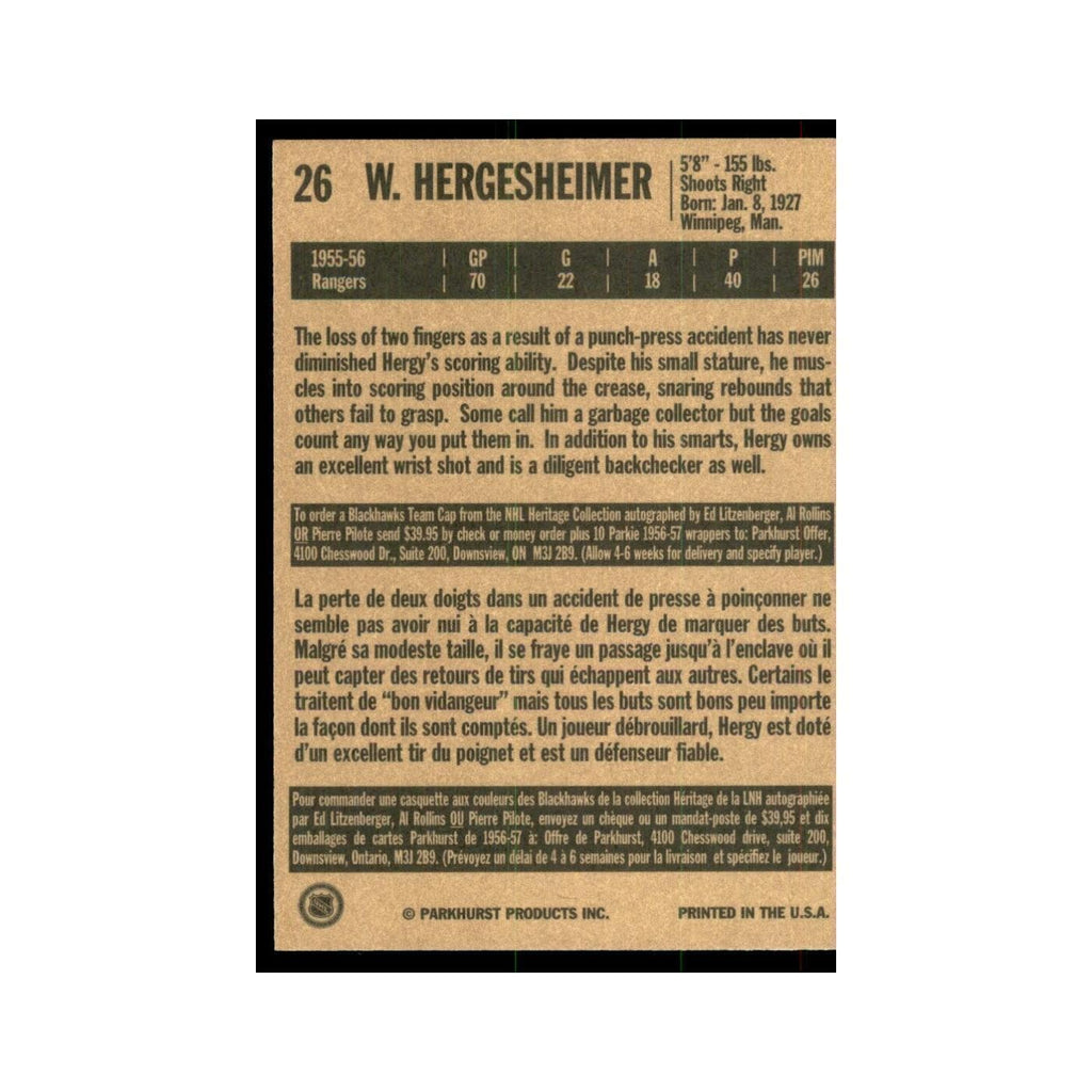 1994 Parkhurst Missing Link 1956-57 Wally Hergesheimer Chicago Blackhawks #26