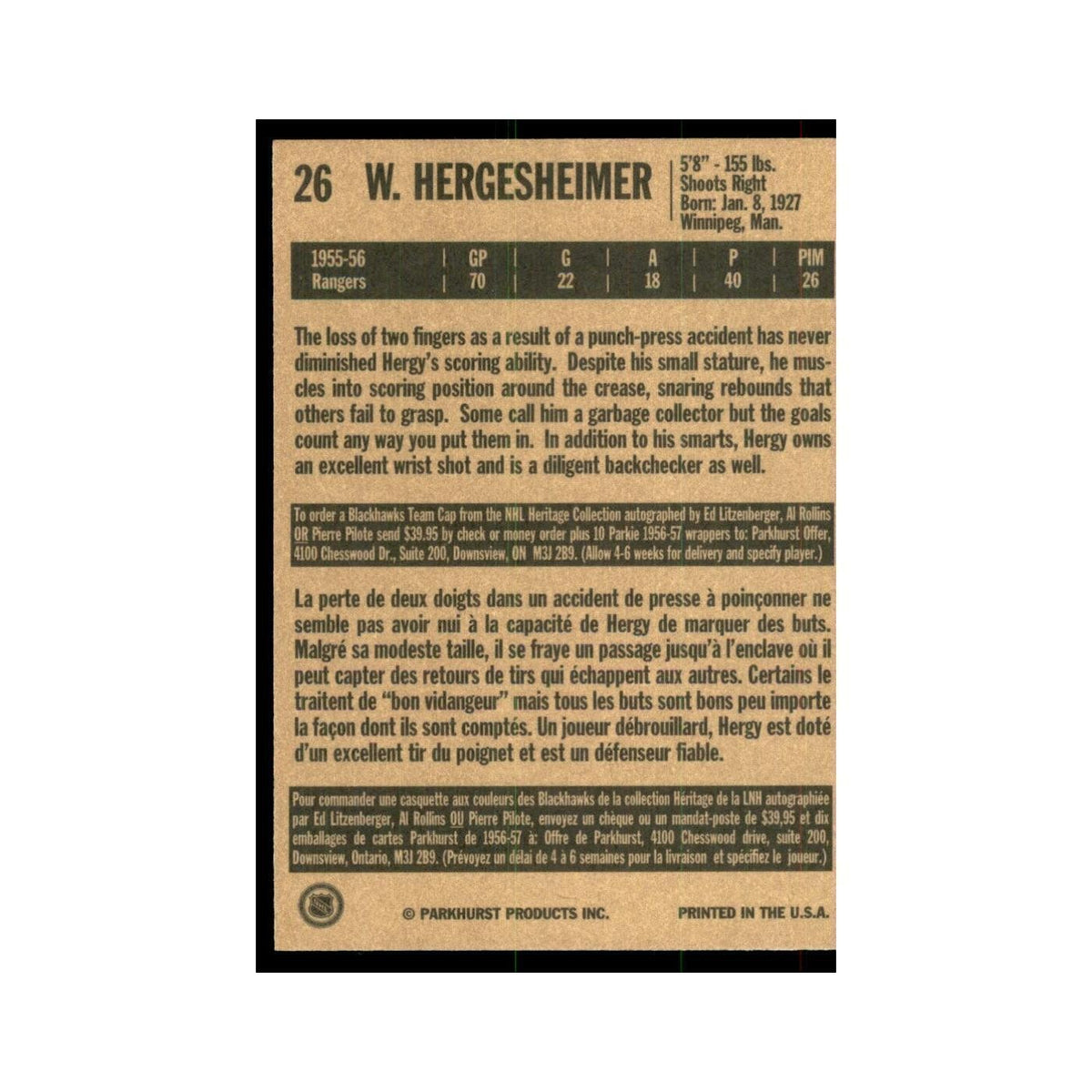 1994 Parkhurst Missing Link 1956-57 Wally Hergesheimer Chicago Blackhawks #26