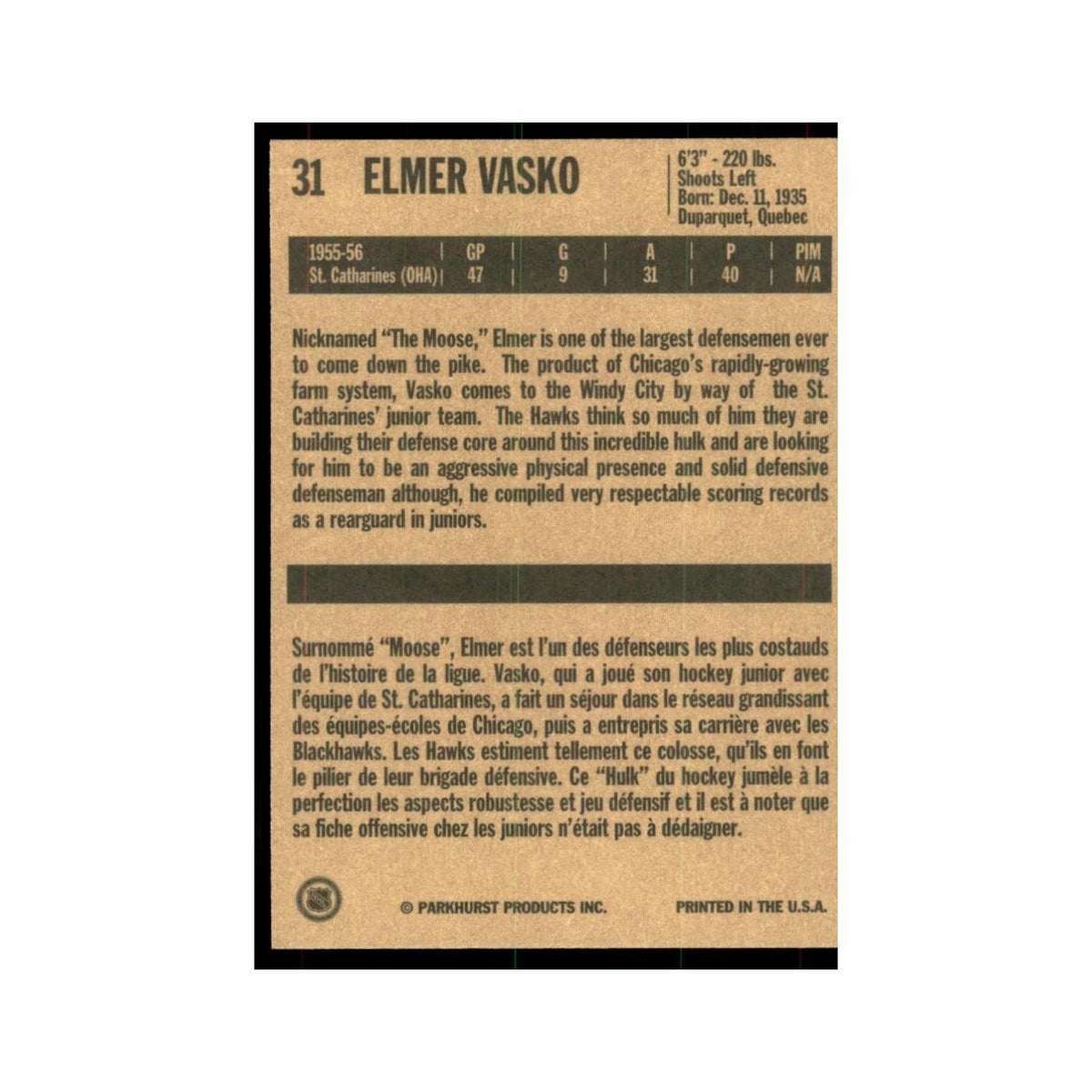 1994 Parkhurst Missing Link 1956-57 Elmer Vasko Chicago Blackhawks #31