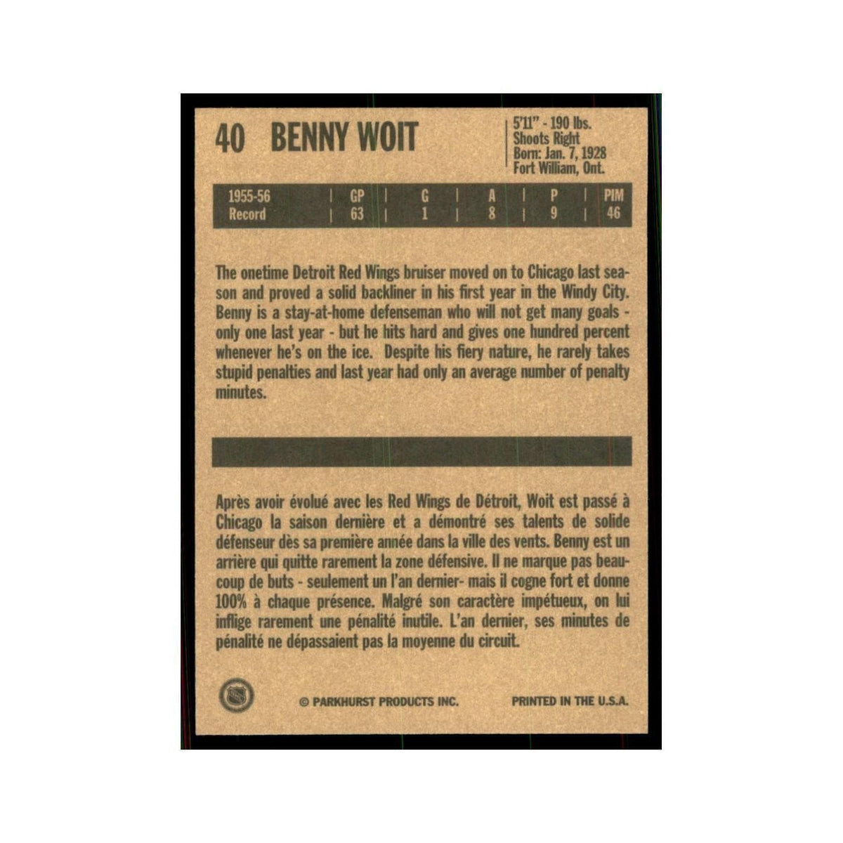 1994 Parkhurst Missing Link 1956-57 Benny Woit Chicago Blackhawks #40