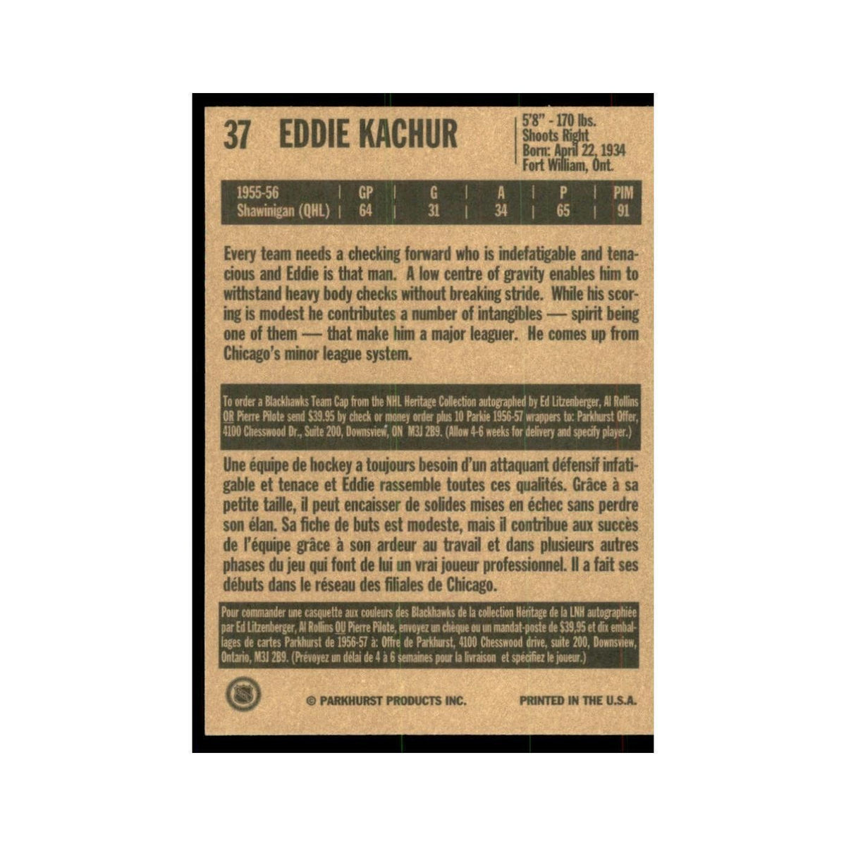 1994 Parkhurst Missing Link 1956-57 Eddie Kachur RC Chicago Blackhawks #37