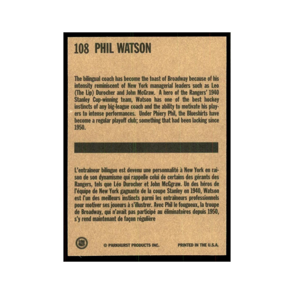 1994 Parkhurst Missing Link 1956-57 Phil Watson New York Rangers #108