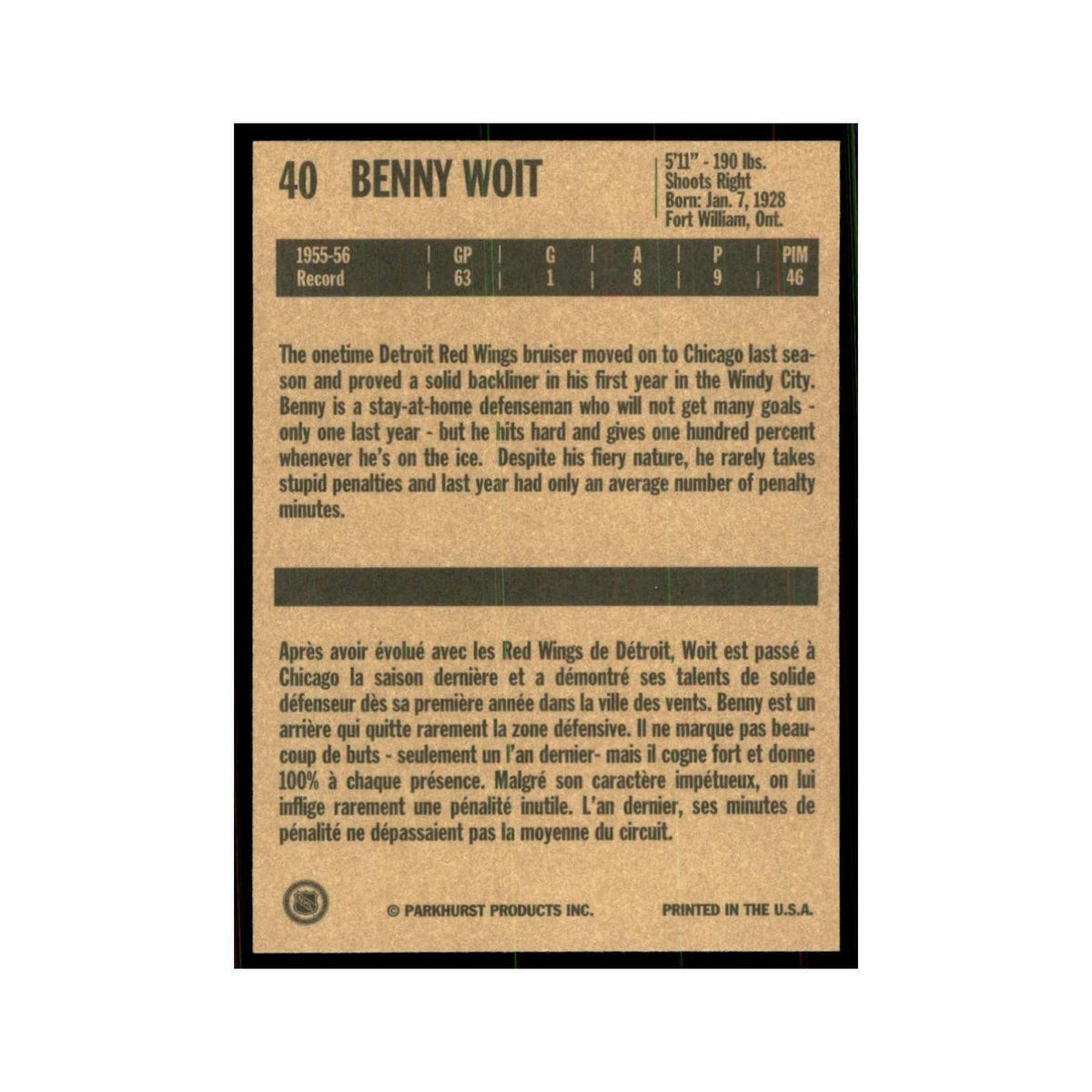 1994 Parkhurst Missing Link 1956-57 Benny Woit Chicago Blackhawks #40
