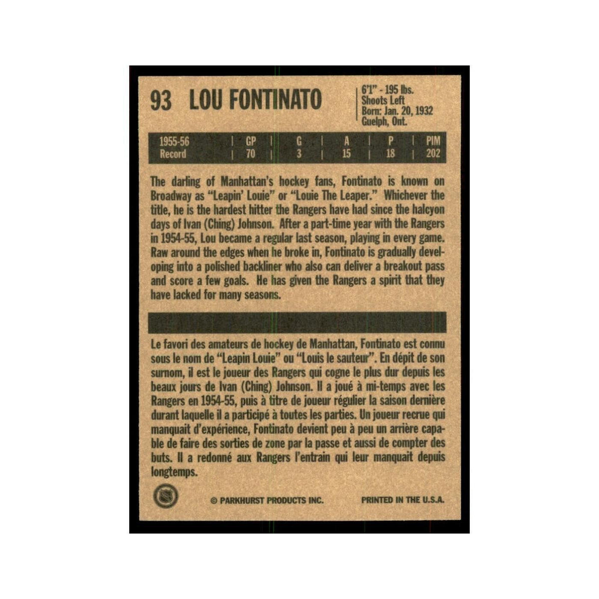 1994 Parkhurst Missing Link 1956-57 Lou Fontinato New York Rangers #93