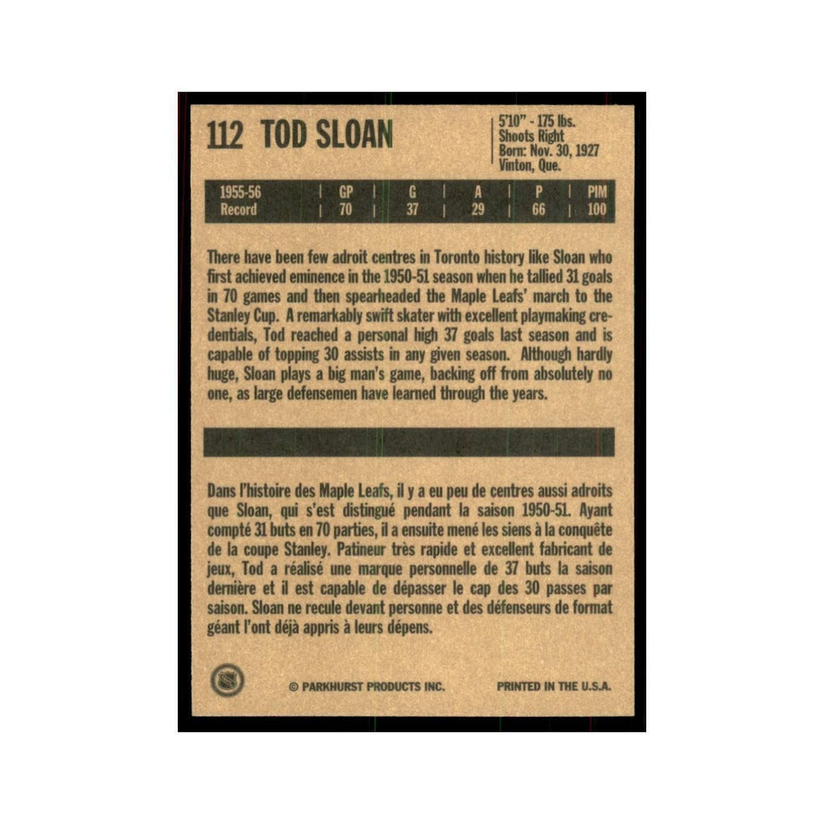 1994 Parkhurst Missing Link 1956-57 Tod Sloan Toronto Maple Leafs #112