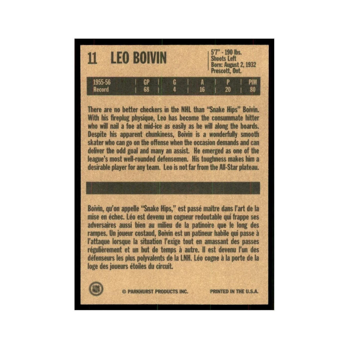 1994 Parkhurst Missing Link 1956-57 Leo Boivin Boston Bruins #11