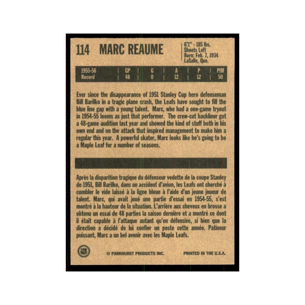 1994 Parkhurst Missing Link 1956-57 Marc Reaume RC Toronto Maple Leafs #7114